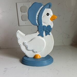 White Ceramic Duck Figurine with Blue Hat & Bow